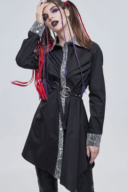 Black Gothic Patchwork Lace Spider Web Design Asymmetric Pleats Metal D-Shaped Buckle Decoration Long Women's Shirt