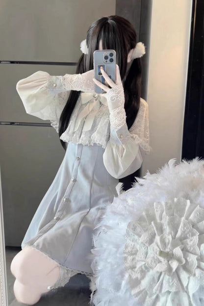Aqua Shawl Lace Chiffon Long Sleeves Lace Slim Jirai Kei Dress
