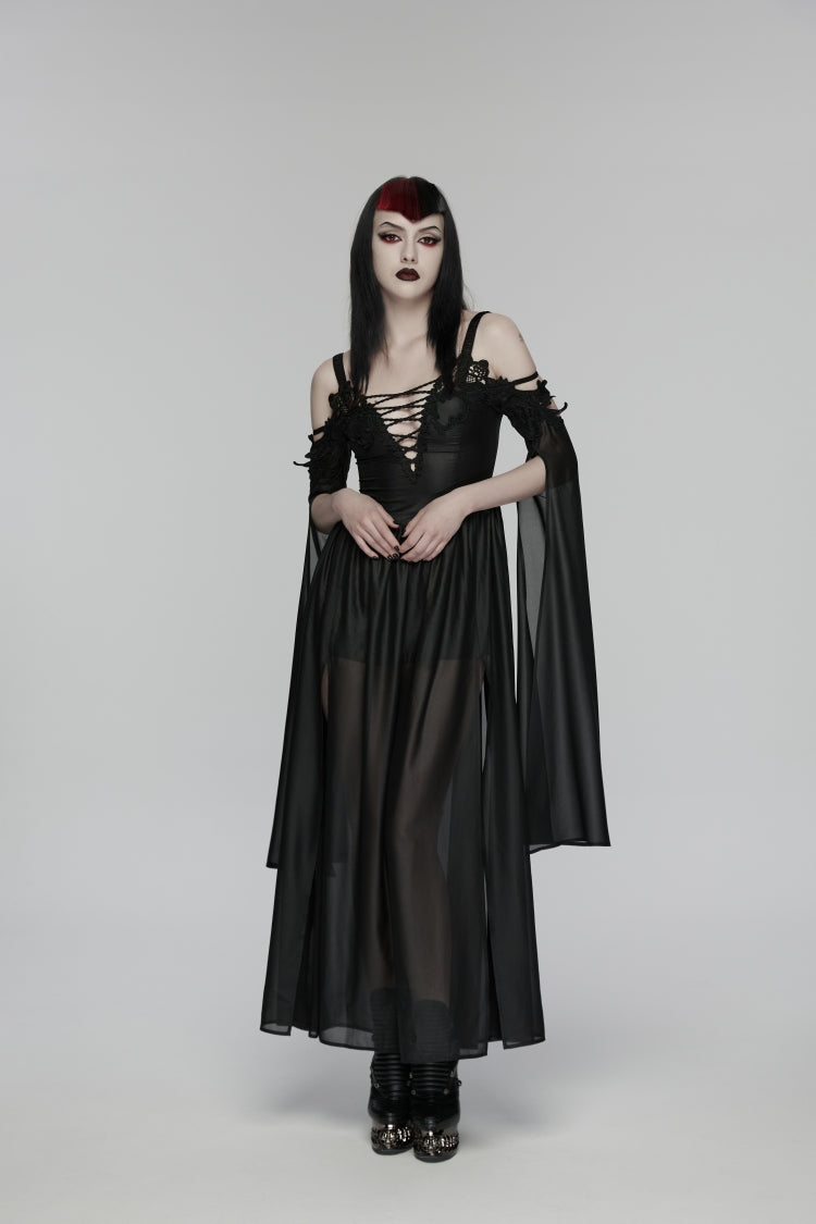Black Off Shoulder Long Sleeves Embroidered Lace-Up Women's Gothic Elegant Dress Wedding Dress