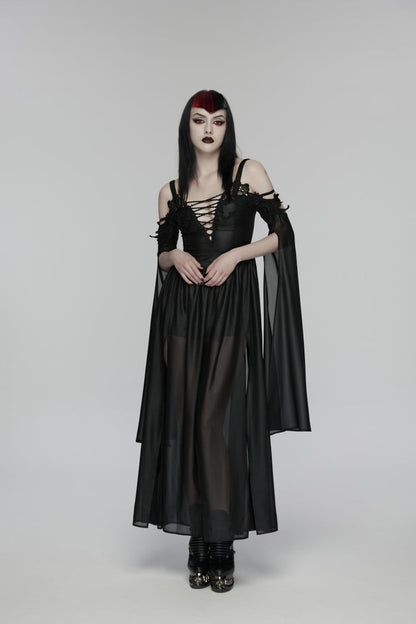 Black Off Shoulder Long Sleeves Embroidered Lace-Up Women's Gothic Elegant Dress Wedding Dress
