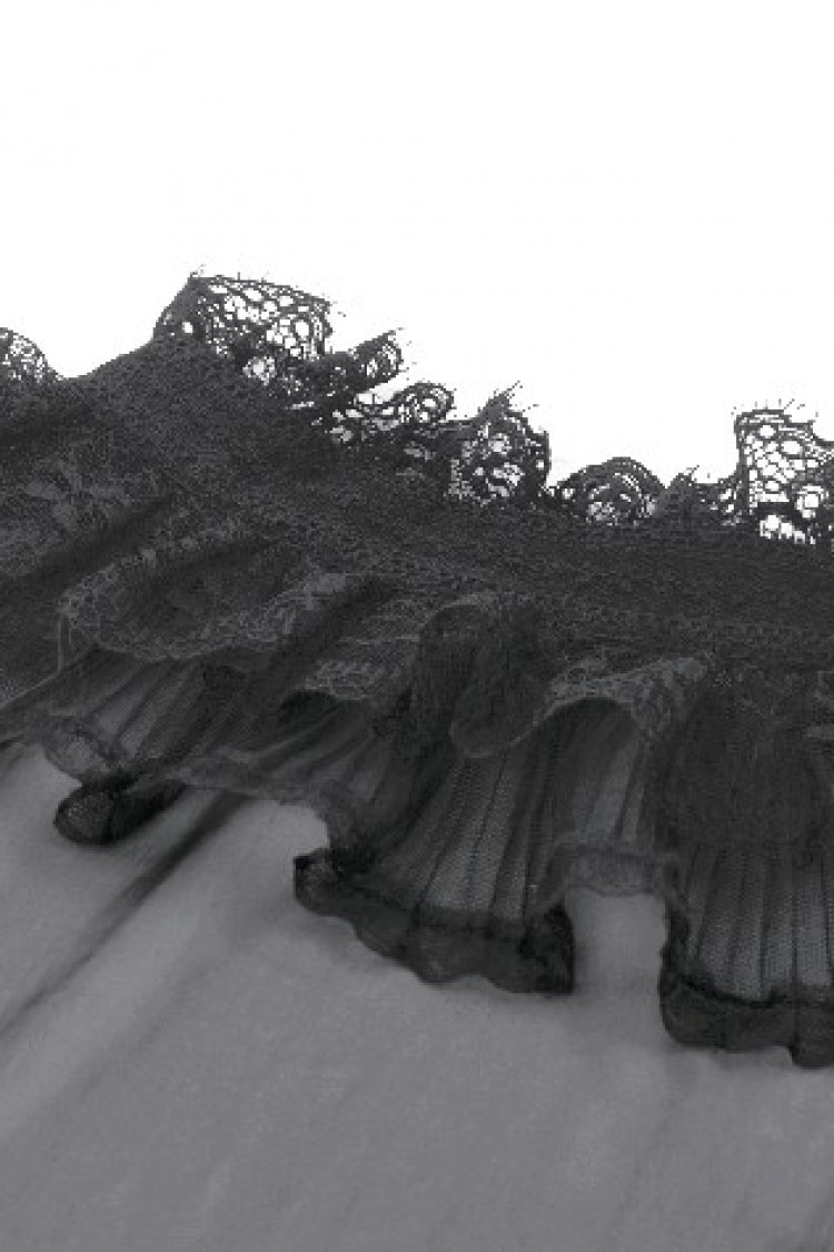 Black Multi-Layered Ruffled Lace Short Puff Sleeves Sheer Women's Courtly Gothic Blouse