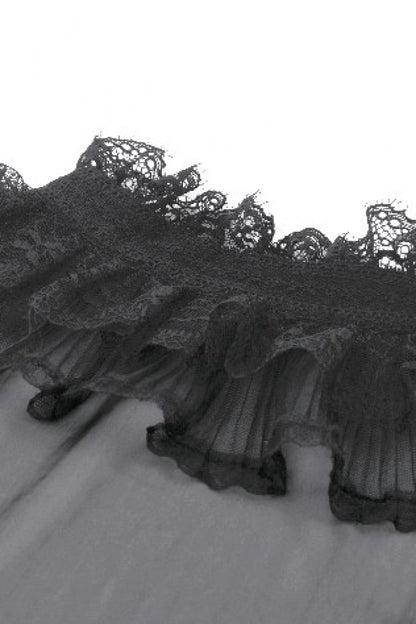 Black Multi-Layered Ruffled Lace Short Puff Sleeves Sheer Women's Courtly Gothic Blouse