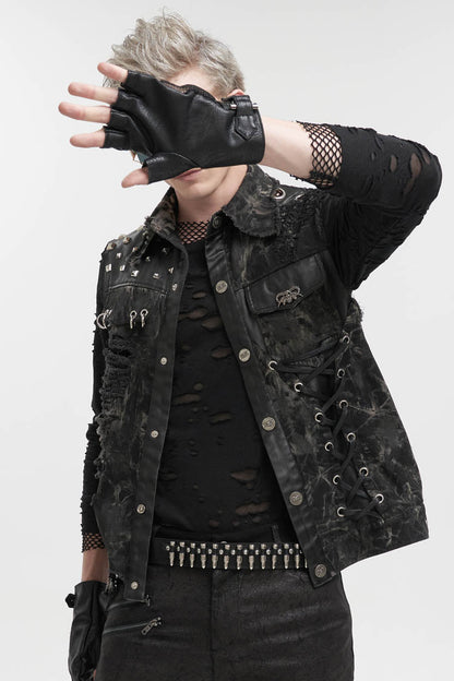 Black Loose Non-Stretch Tie-Dye Decadent Snatched Skull Sheep Head Decoration Men's Punk Vest