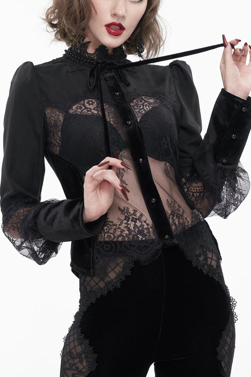 Black High Collar Translucent Lace Patchwork Bow Decoration Long Sleeve Women's Gothic Shirt