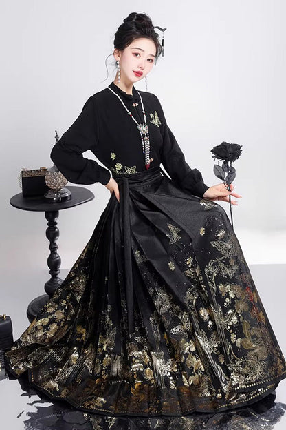 Black Long Sleeves High Waisted Printed Ruffled Foil-Stamped Gothic Hanfu Horse-face Skirt Set