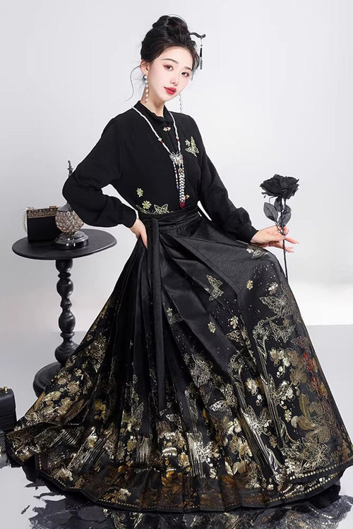 Black Long Sleeves High Waisted Printed Ruffled Foil-Stamped Gothic Hanfu Horse-face Skirt Set
