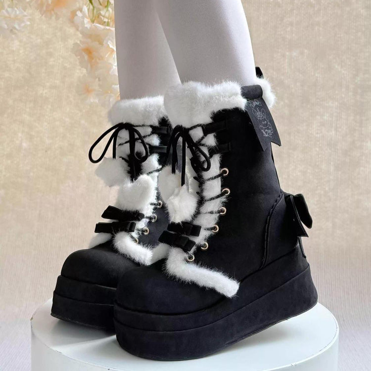 Black Cute Platform Thick-Soled Bowknot Lace-Up Sweet Lolita Plush Boots