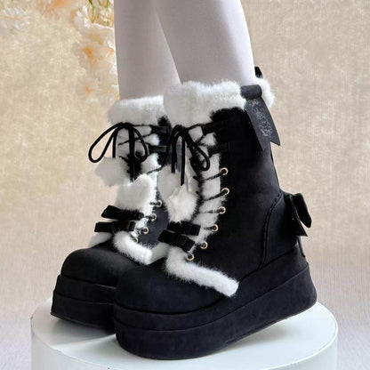 Black Cute Platform Thick-Soled Bowknot Lace-Up Sweet Lolita Plush Boots