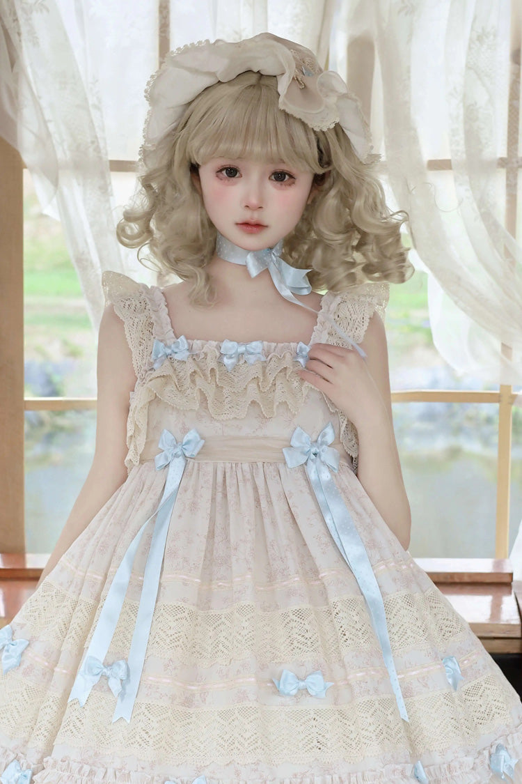 Beige [Little Wind Chime] Sleeveless Multi-Layered Printed Ruffled Bow Lace Sweet Elegant Princess Lolita Jsk Dress