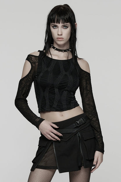 Black Off Shoulder Long Sleeves Spliced Mesh Pleated Women's Punk Top