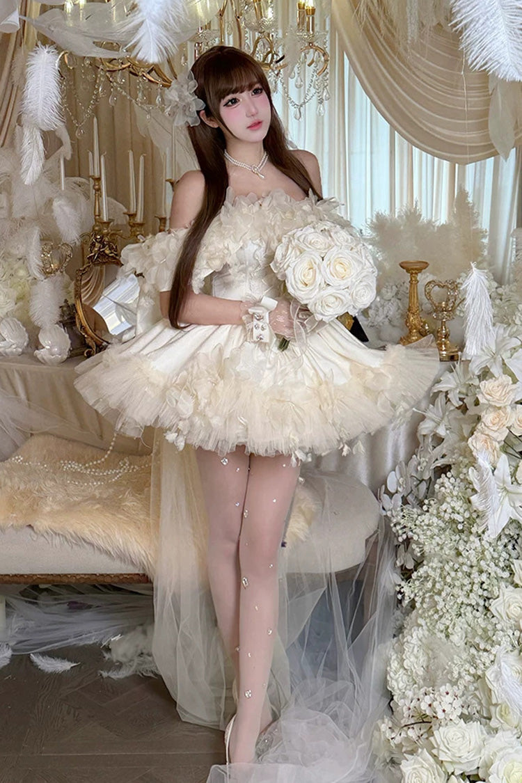 Apricot [Dream Confession] Sleeveless Multi-Layered Ruffled Hanayome Bow Lace Lace-Up Sweet Lolita Jsk Dress Short Version