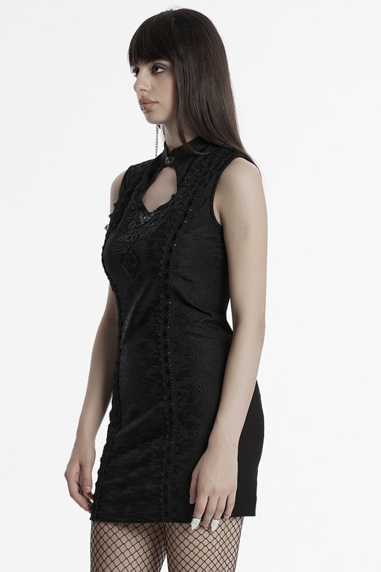 Black Cheongsam Collar Sleeveless Embroidery Women's Prom Dress
