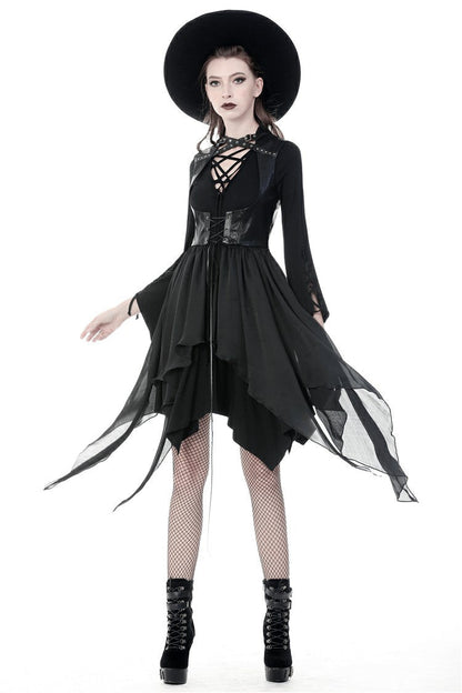 Black Chiffon Sleeveless Cut-Out Chest Irregular Hem Lace-Up Buckled Women's Punk Jacket