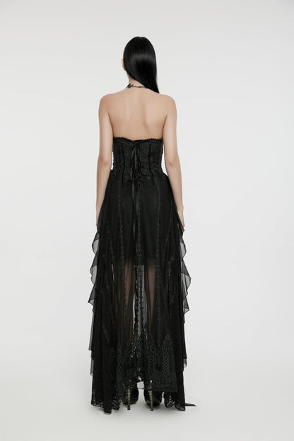 Black Off Shoulder Sleeveless Spliced Lace-Up Slim Pleated Women's Gothic Corset  Chiffon Strapless Dress