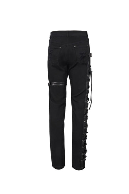 Black Metal Decorative Lace Up Leg Loops Long Men's Punk Pants