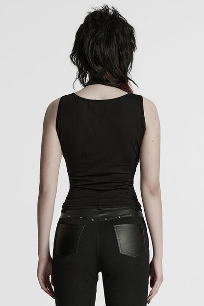 Black Halterneck Sleeveless Buckle Strap Women's Punk Vest