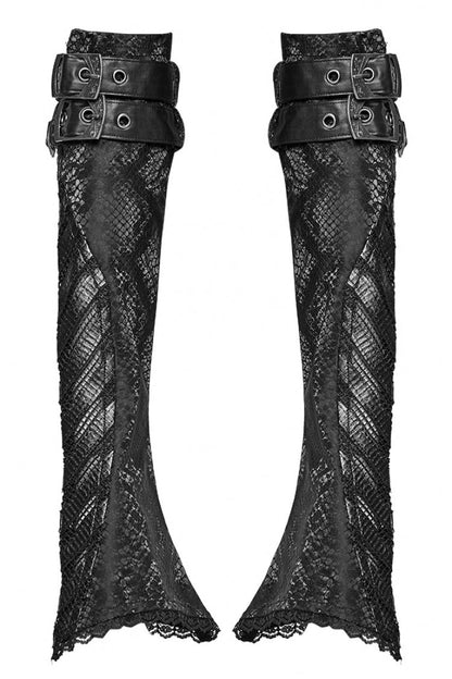 Black Leather Stitching Snake Pattern Lace Mesh Women's Steampunk Arm Sleeves