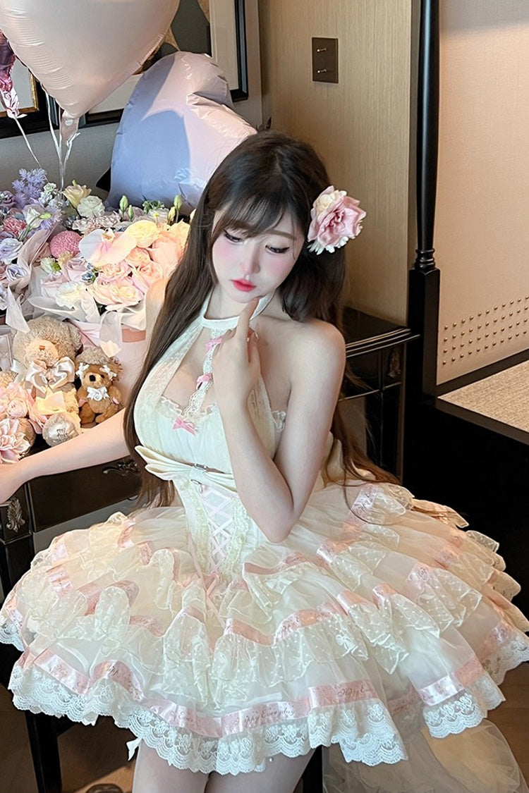 Beige [Ballet Dream] Halterneck Triple-Layered Ruffle Bowknot Lace-Up Sweet Princess Lolita Dress