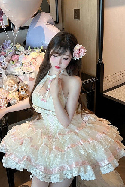 Beige [Ballet Dream] Halterneck Triple-Layered Ruffle Bowknot Lace-Up Sweet Princess Lolita Dress