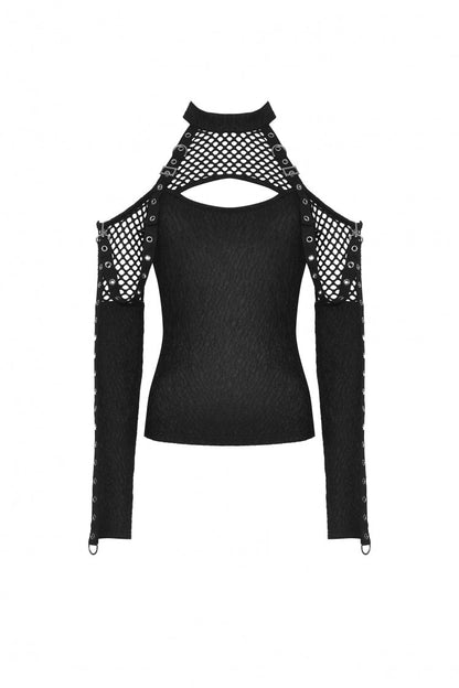 Black Off Shoulder Long Sleeves Cut-Out Spliced Mesh Women's Punk Top