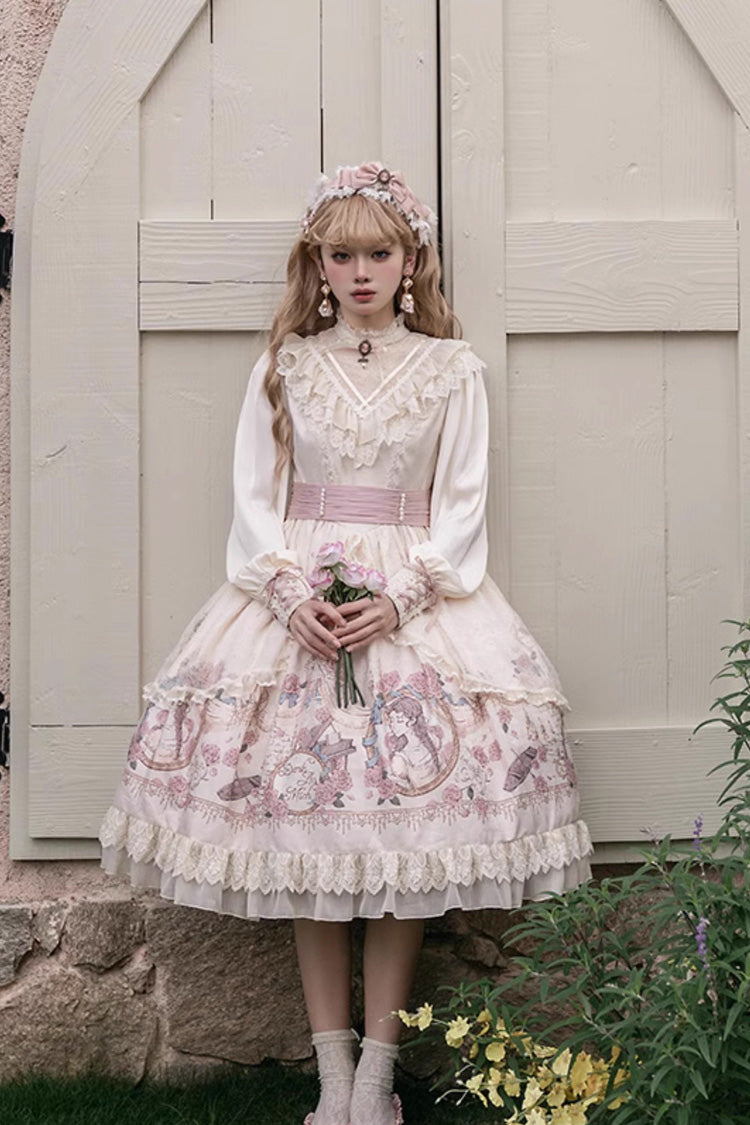 Apricot Rose Prologue Print Long Sleeves Ruffle Sweet Elegant Lolita Dress