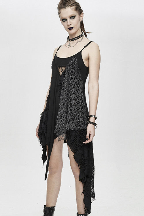 Black Asymmetrical Punk Torn Broken Holes Knitted Womens Slip Dress