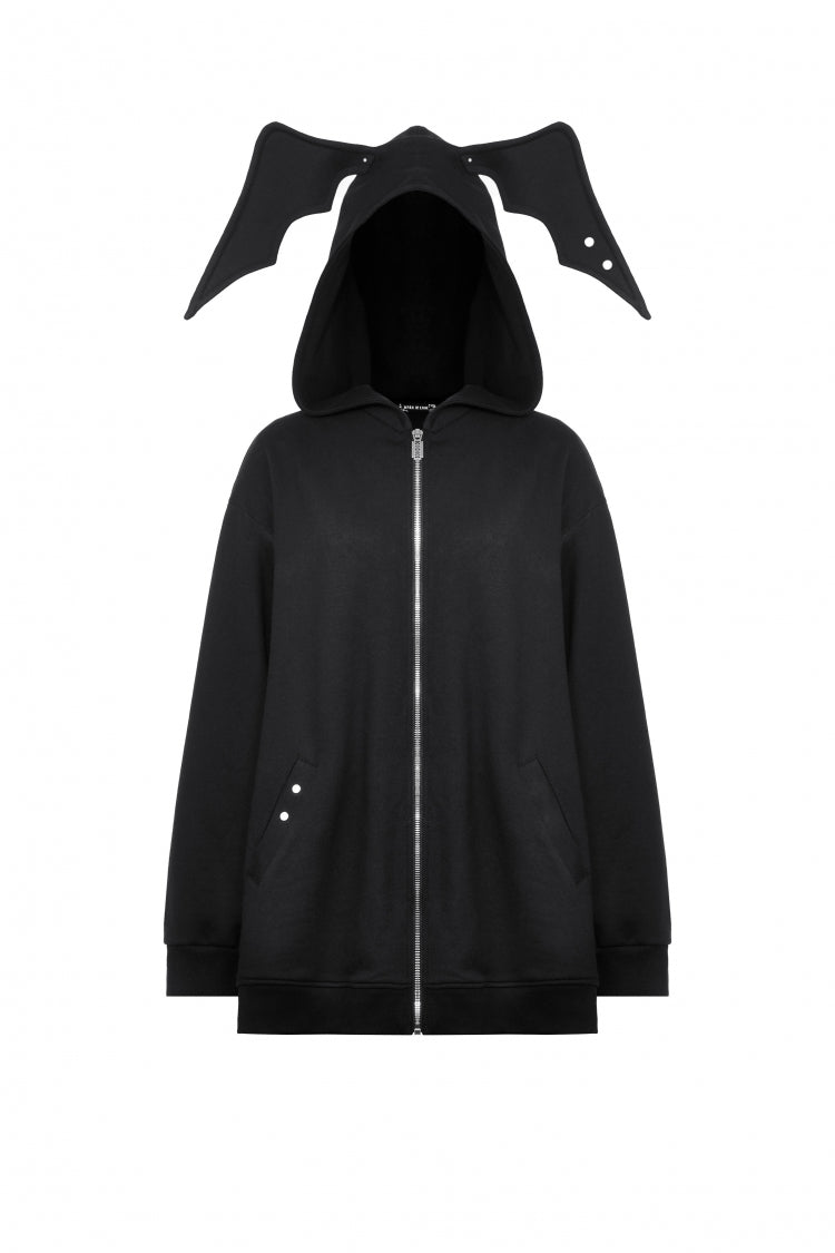 Black Long Sleeves Zippered Women's Gothic Batwing Hoodie