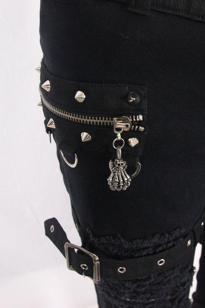 Black Adjusted Loops Punk Rock Holes Ripped Mens Pants Collocation Skirt