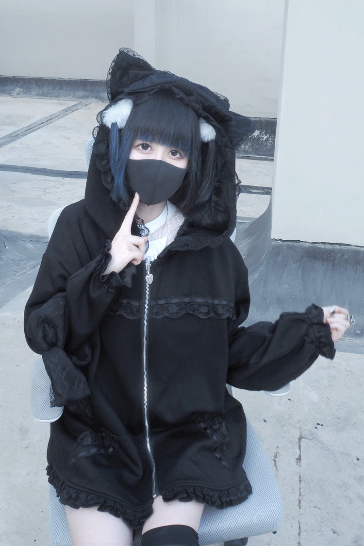 Black Long Sleeves Cat Ears and Tail  Ruffle Bowknot Hooded Gothic Jirai Kei Coat