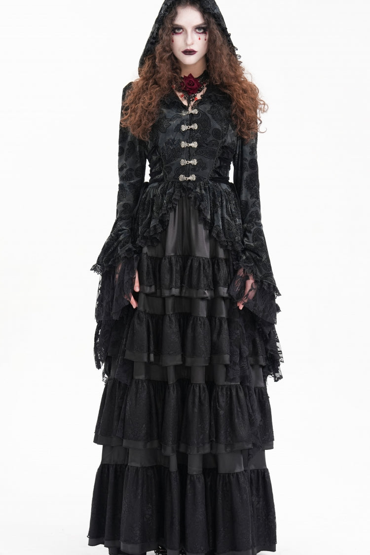 Black Long Trumpet Sleeves Multi-Layered Embroidery Lace Hooded Ripped Women's Gothic Jacket
