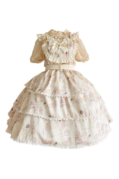 Beige Sleeveless Triple-Layered Print Ruffle Bowknot Sweet Plus Size Lolita Jsk Dress