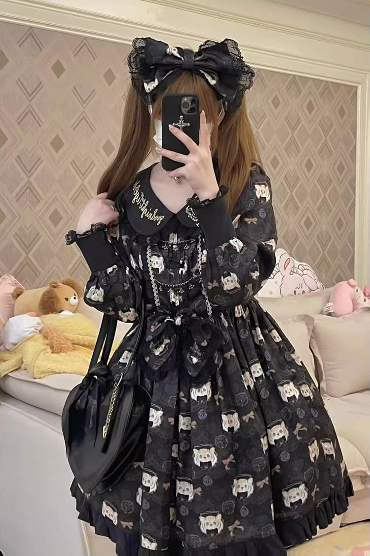 Black Long Sleeves Print Bowknot Sweet Plus Size College Style Lolita Dress