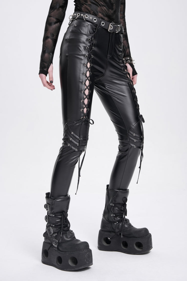 Black Lace-Up Ripped Rivet Women's Punk Pants