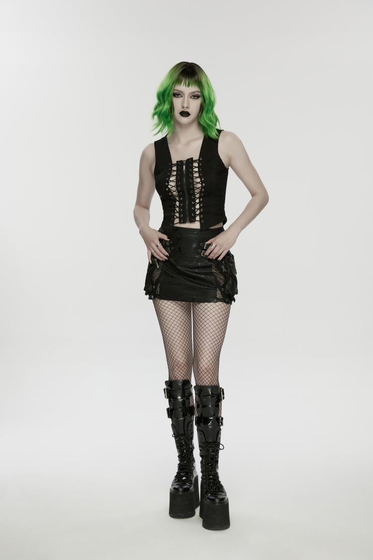 Black Off Shoulder Sleeveless Cut-Out Lace-Up Irregular Women's Punk Cool Vest