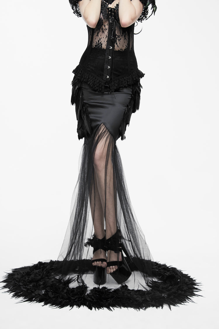 Black Mesh Fishtail Flower Feather Hem Long Satin Women's Gothic Skirt