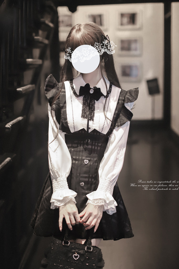 Black Plaid Print Classic College Style Elegant Lolita Strap Short Dress