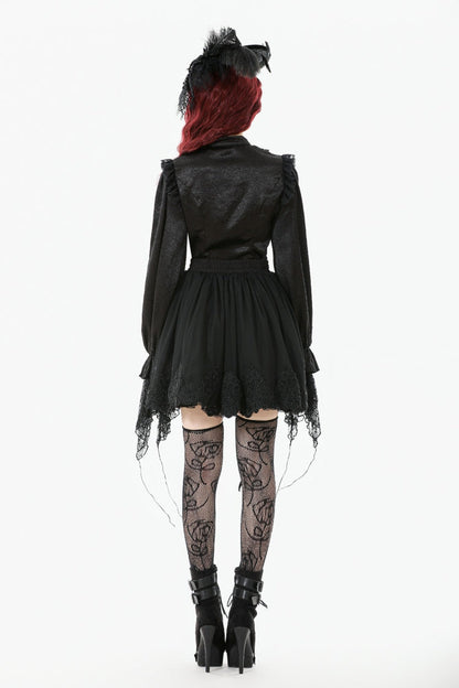 Black Long Lantern Sleeves Ruffled Spliced Lace Women's Gothic Blouse