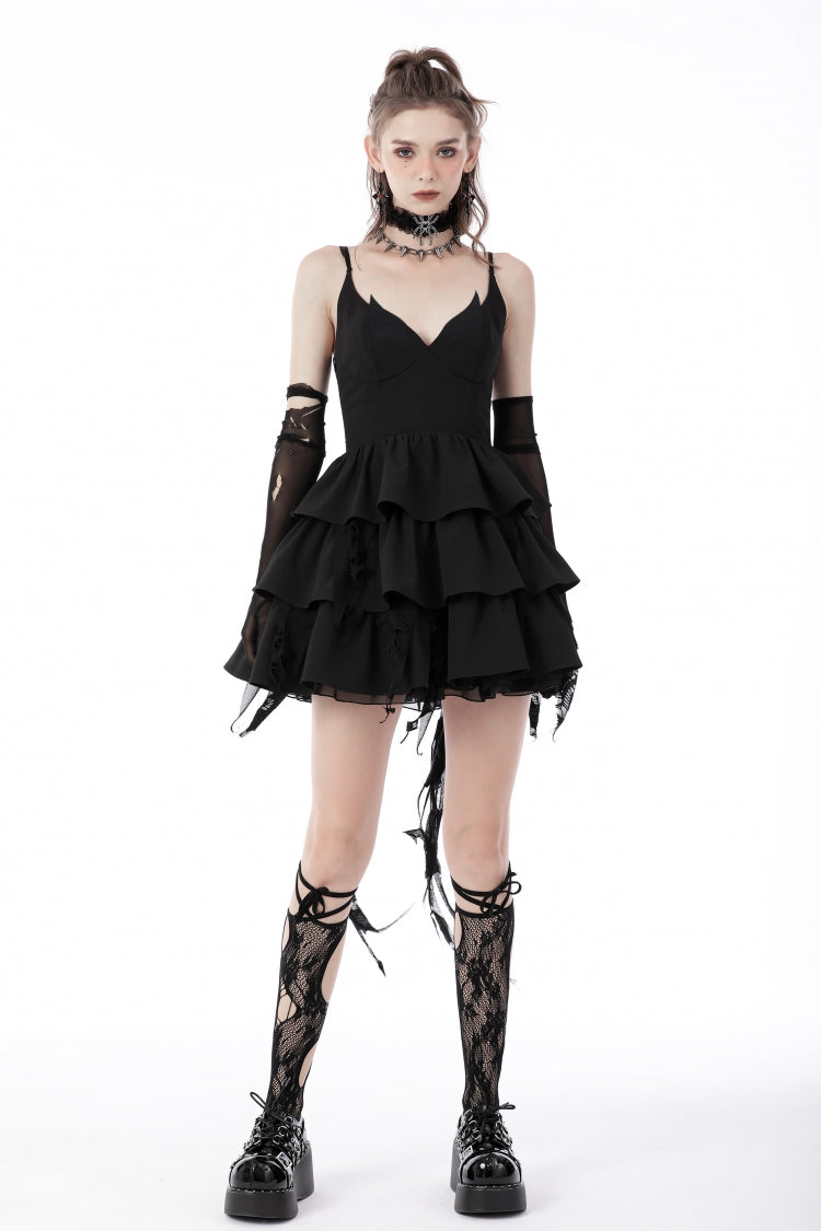 Black Little Devil Sleeveless Multi-Layered Lace-Up Women's Punk Slip Graduation Dress