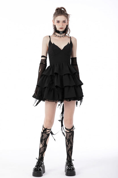 Black Little Devil Sleeveless Multi-Layered Lace-Up Women's Punk Slip Graduation Dress