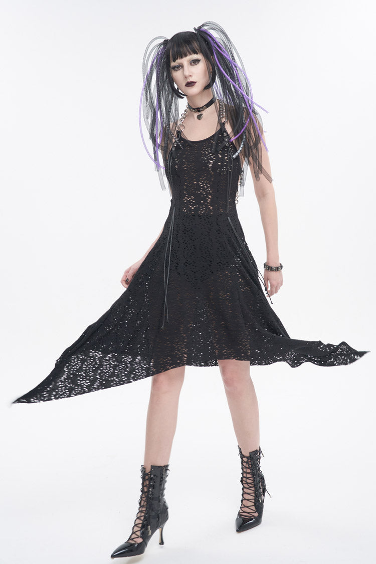 Black Irregular Pattern Wool Metal Chain Halter Neck Backless Women's Punk Dress