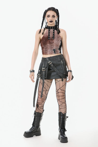 Black Faux Leather Straps Zippered Women's Punk Short Skirt