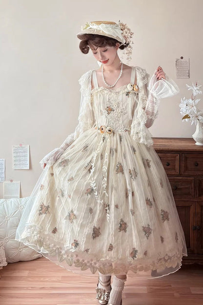 Apricot [Chloris] Printed Embroidered Lace Sweet Lolita Jsk Dress