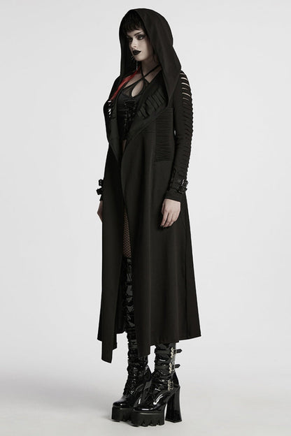 Black Long Sleeves Hooded Ripped Buckle Women's Punk Long Coat