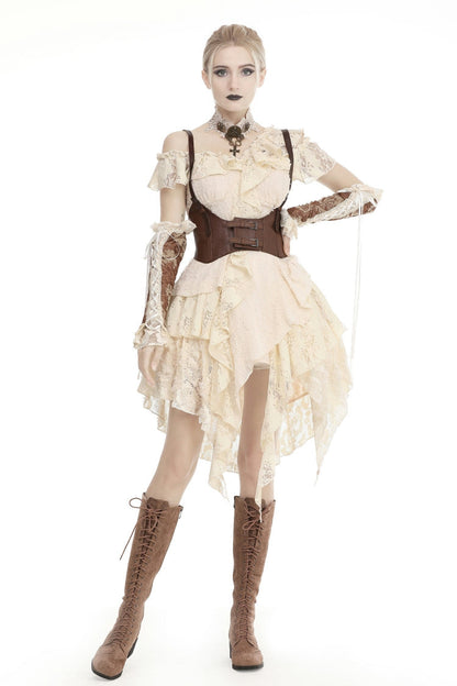 Beige Irregular Multi-Layered Ruffled Lace Women's Steampunk Vintage Dress