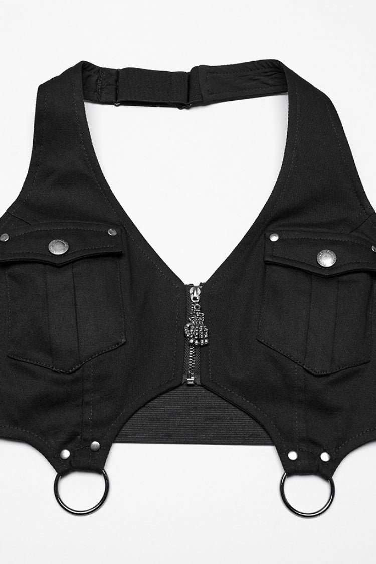 Black Halterneck Women's Punk Tank Top with Skirt Set