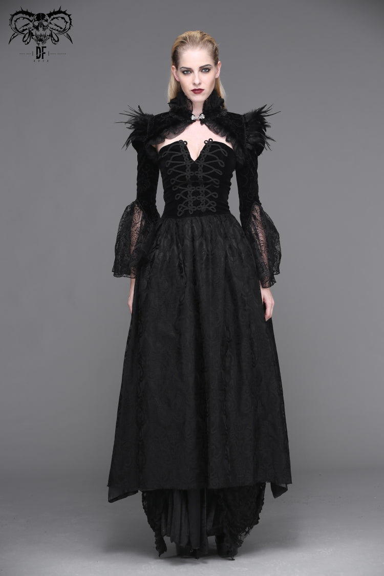 Black High Collar Long Trumpet Sleeves Printed Lace Pleated Women's Vintage Punk Jacket