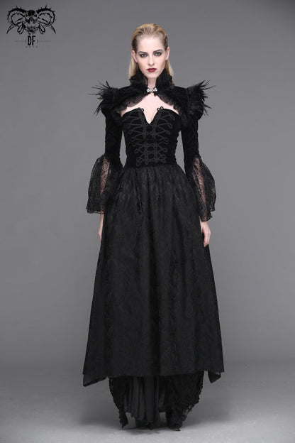 Black High Collar Long Trumpet Sleeves Printed Lace Pleated Women's Vintage Punk Jacket