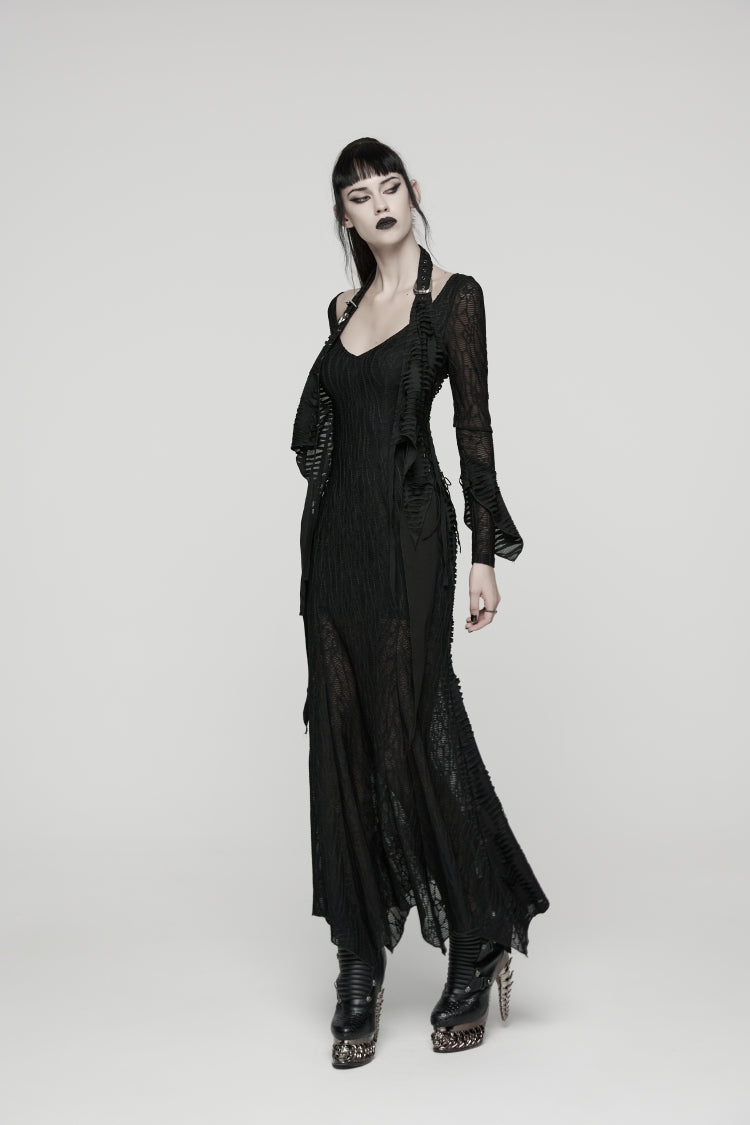 Black Off Shoulder Halterneck Long Trumpet Sleeves Hanayome Lace Lace-Up Women's Punk Dress