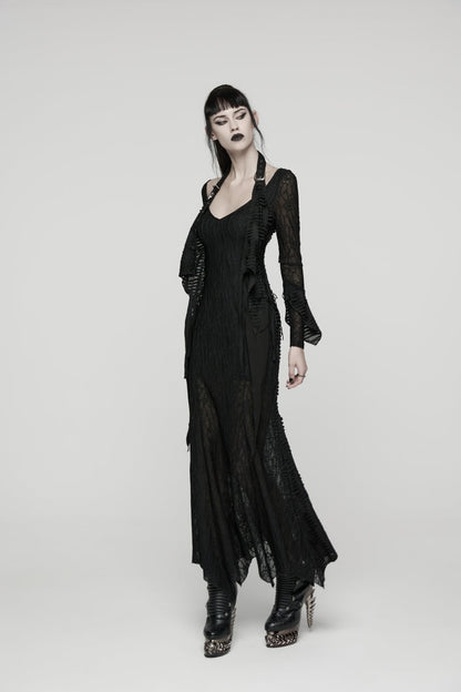 Black Off Shoulder Halterneck Long Trumpet Sleeves Hanayome Lace Lace-Up Women's Punk Dress