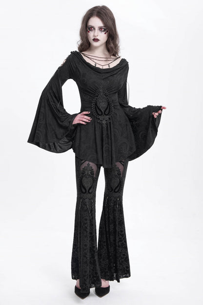 Black Hollow Floral Embroidery Women's Gothic Flared Pants